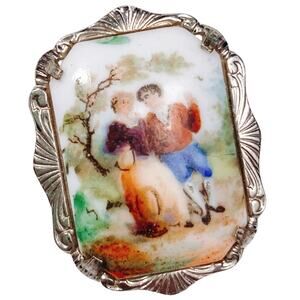 VTG Hand-Painted Porcelain Brooch Courting Silver Tone 1940s Rococo Revival